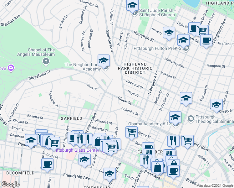 map of restaurants, bars, coffee shops, grocery stores, and more near 5463 Black Street in Pittsburgh