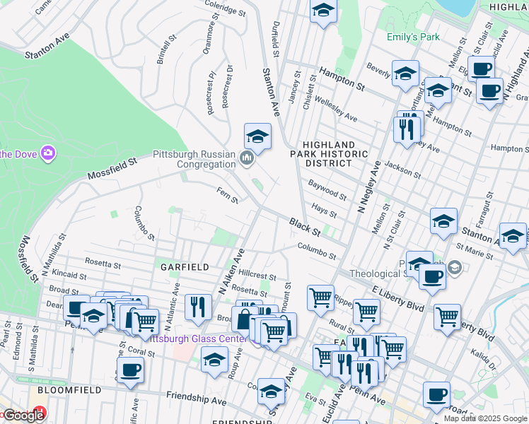 map of restaurants, bars, coffee shops, grocery stores, and more near 5420 Black Street in Pittsburgh