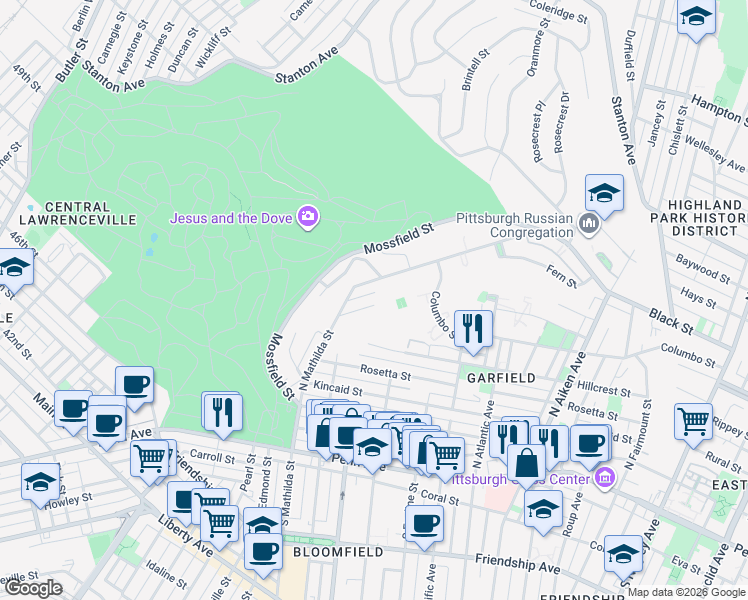 map of restaurants, bars, coffee shops, grocery stores, and more near 4939 Breesport Street in Pittsburgh