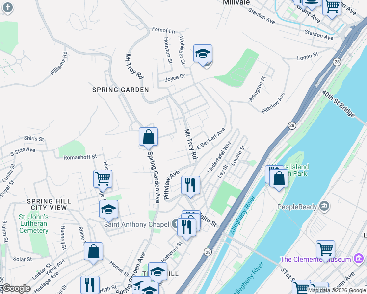 map of restaurants, bars, coffee shops, grocery stores, and more near 1961-1963 West Beckert Avenue in Pittsburgh