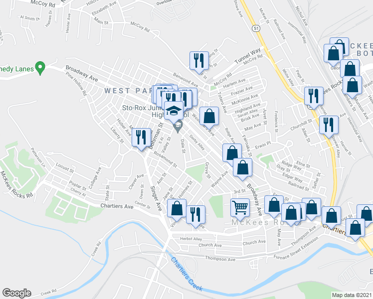 map of restaurants, bars, coffee shops, grocery stores, and more near 515 Marwood Avenue in McKees Rocks