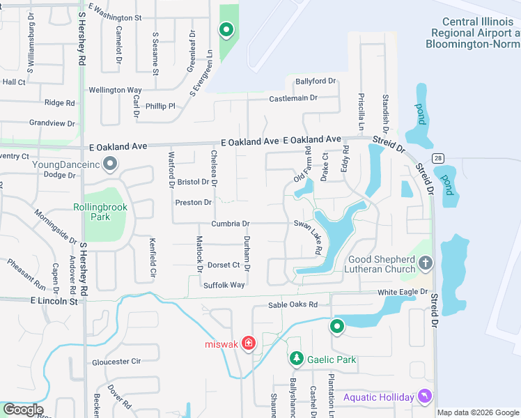 map of restaurants, bars, coffee shops, grocery stores, and more near 3306 Cumbria Drive in Bloomington