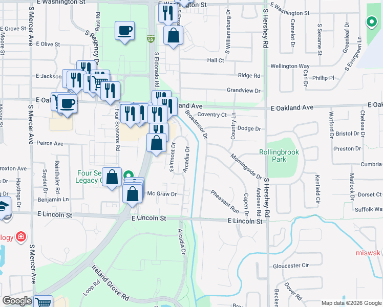 map of restaurants, bars, coffee shops, grocery stores, and more near 713 Arcadia Drive in Bloomington