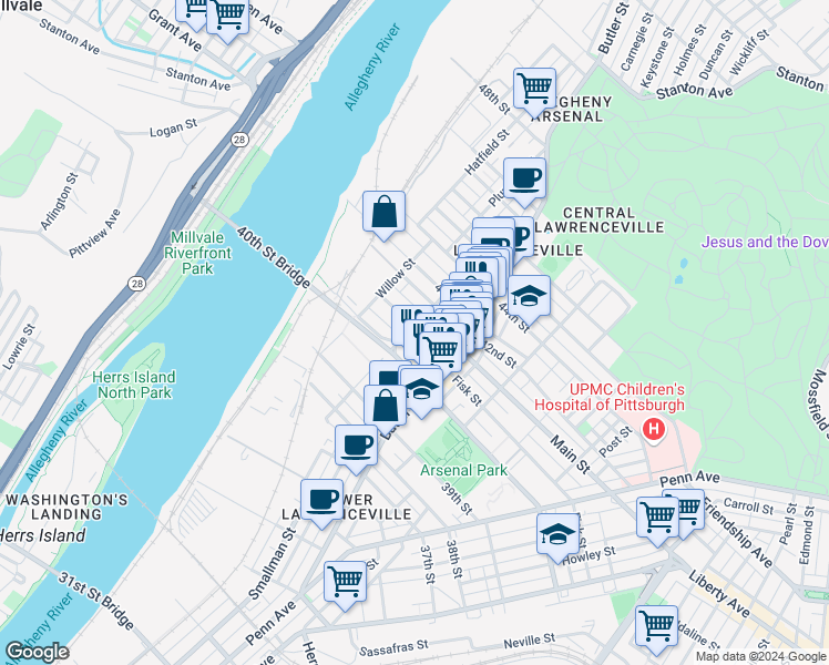 map of restaurants, bars, coffee shops, grocery stores, and more near 156 41st Street in Pittsburgh