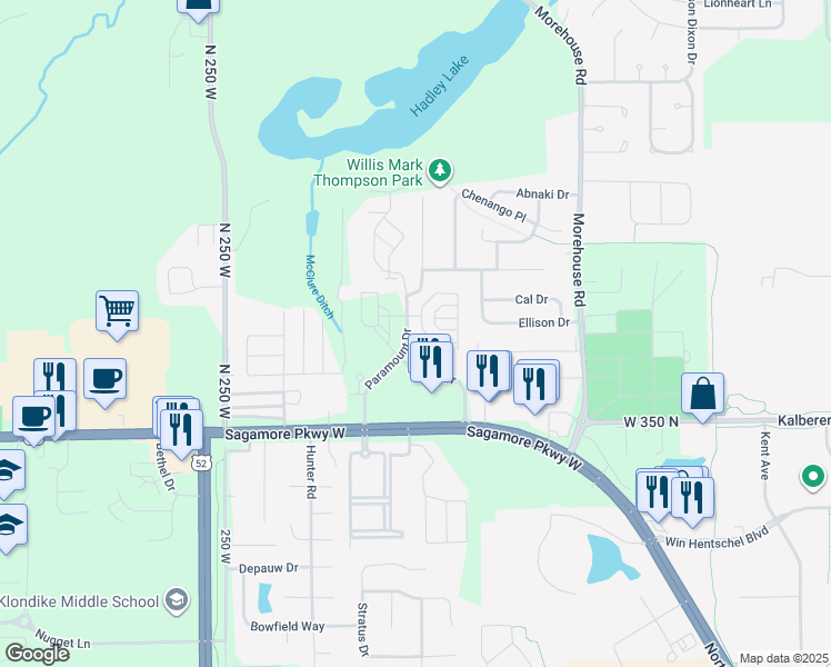 map of restaurants, bars, coffee shops, grocery stores, and more near 2109 Malibu Drive in West Lafayette