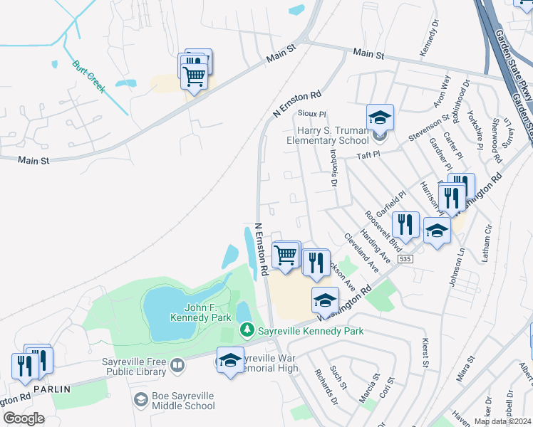 map of restaurants, bars, coffee shops, grocery stores, and more near 15 Gerard Place in Sayreville