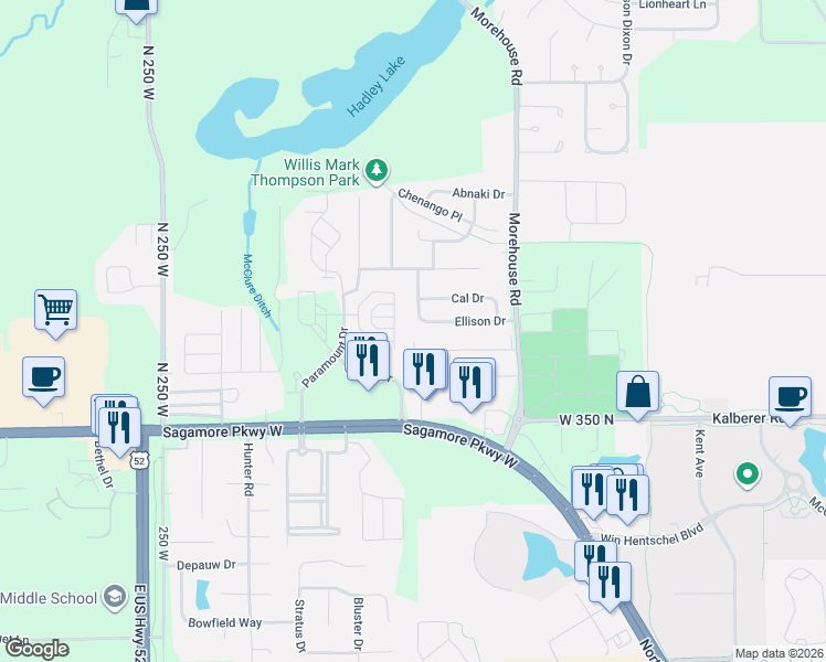 map of restaurants, bars, coffee shops, grocery stores, and more near 3609 Desoto Drive in West Lafayette