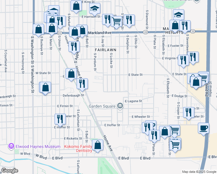 map of restaurants, bars, coffee shops, grocery stores, and more near 1355 South Locke Street in Kokomo