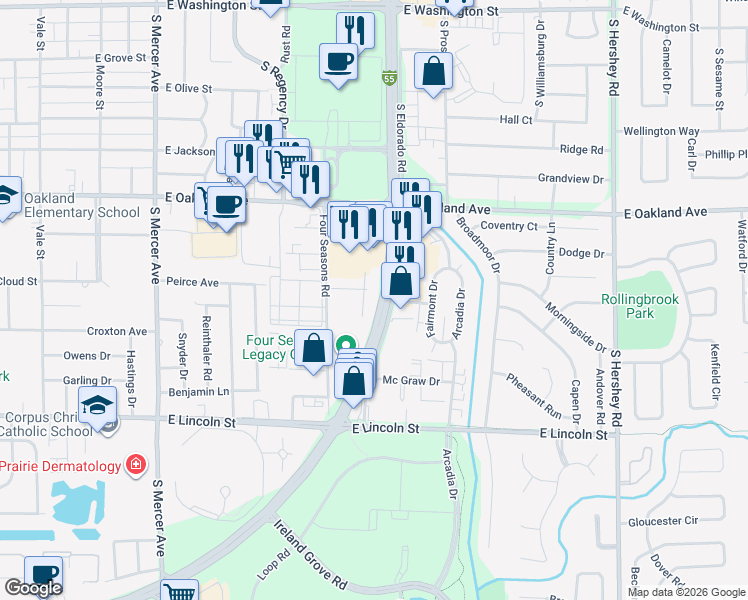 map of restaurants, bars, coffee shops, grocery stores, and more near 7 Clobertin Court in Bloomington