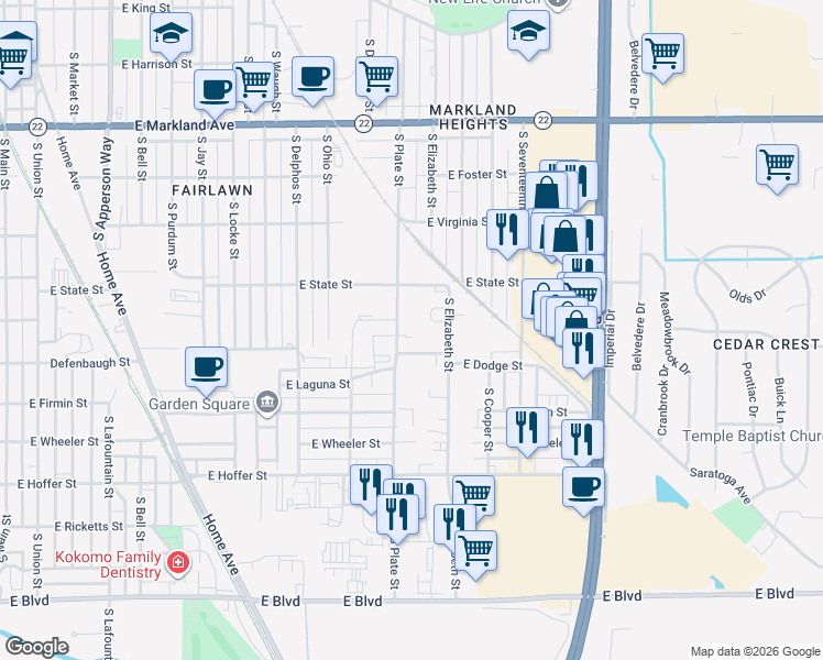 map of restaurants, bars, coffee shops, grocery stores, and more near 1318 East Defenbaugh Street in Kokomo