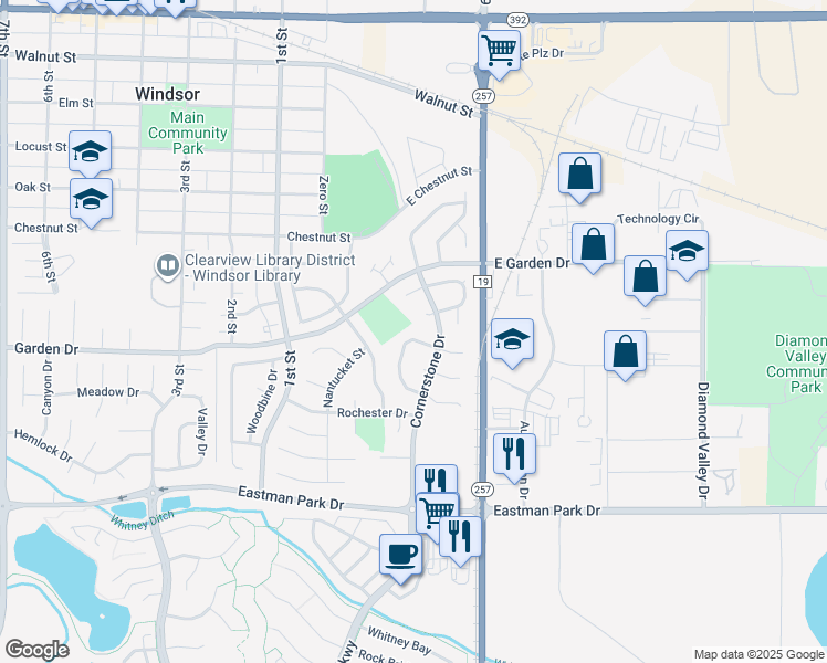map of restaurants, bars, coffee shops, grocery stores, and more near 887 Emerald Drive in Windsor