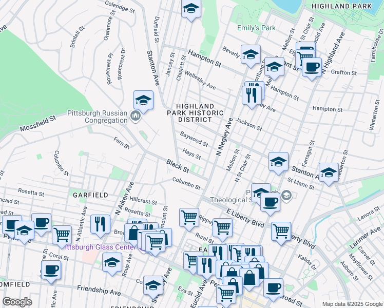 map of restaurants, bars, coffee shops, grocery stores, and more near 5522 Hays Street in Pittsburgh