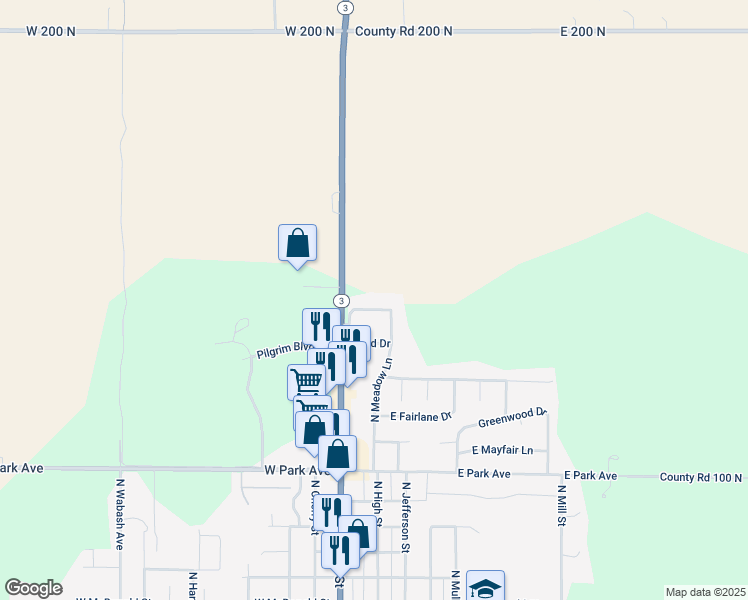 map of restaurants, bars, coffee shops, grocery stores, and more near 512 North Meadow Lane in Hartford City