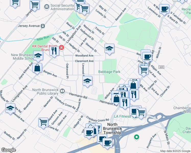 map of restaurants, bars, coffee shops, grocery stores, and more near 71 Roseland Place in North Brunswick Township