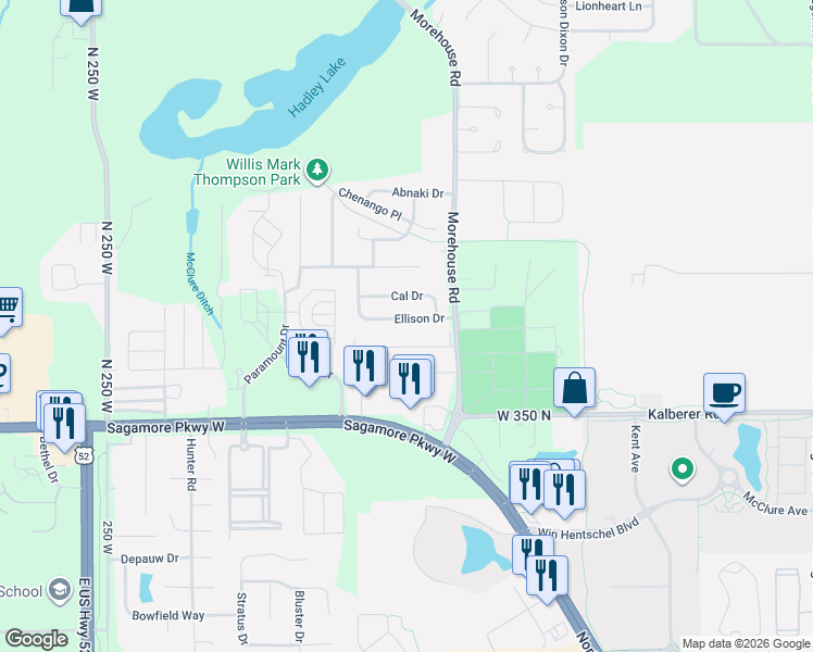 map of restaurants, bars, coffee shops, grocery stores, and more near 1931 Ellison Drive in West Lafayette