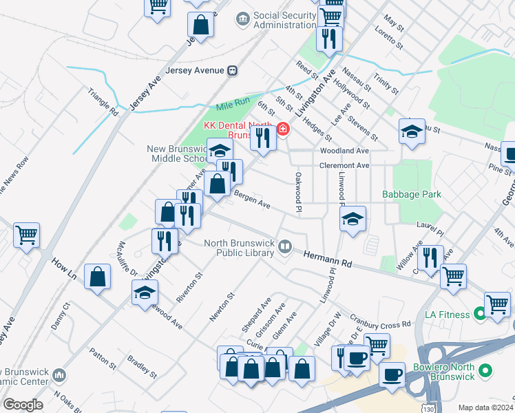 map of restaurants, bars, coffee shops, grocery stores, and more near 958 Bergen Avenue in North Brunswick Township