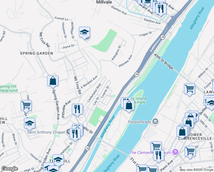 map of restaurants, bars, coffee shops, grocery stores, and more near 2146 Lowrie Street in Pittsburgh
