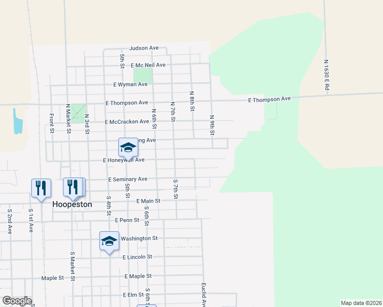 map of restaurants, bars, coffee shops, grocery stores, and more near 827 East Honeywell Avenue in Hoopeston
