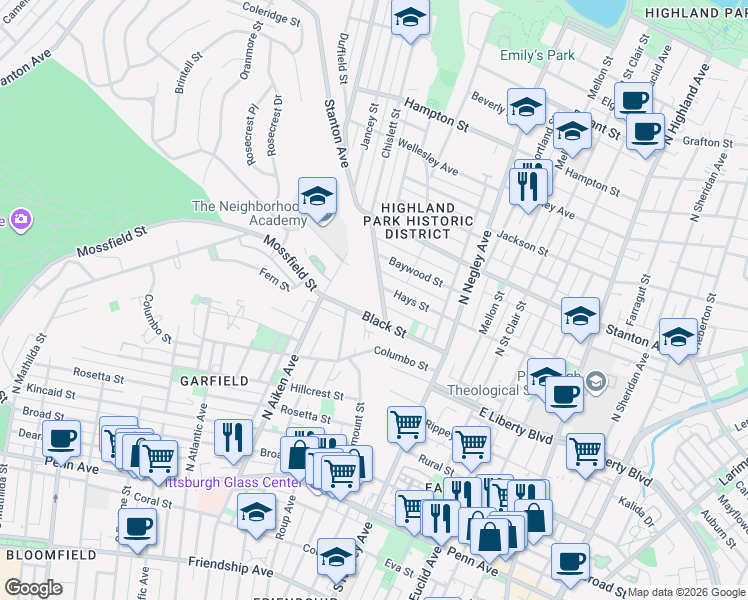 map of restaurants, bars, coffee shops, grocery stores, and more near 5463 Black Street in Pittsburgh