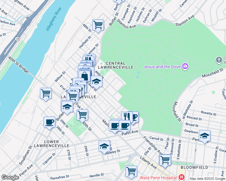 map of restaurants, bars, coffee shops, grocery stores, and more near 311 45th Street in Pittsburgh