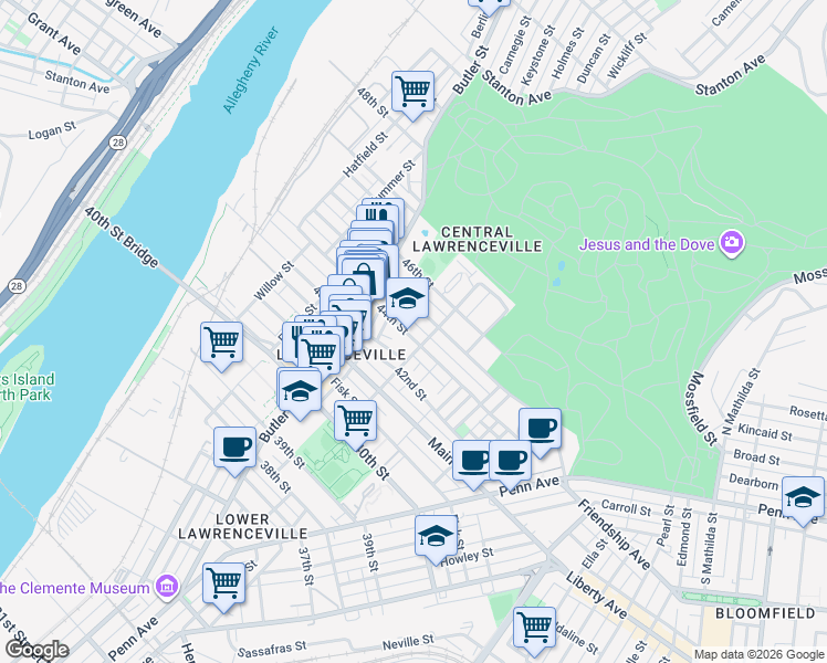 map of restaurants, bars, coffee shops, grocery stores, and more near in Pittsburgh