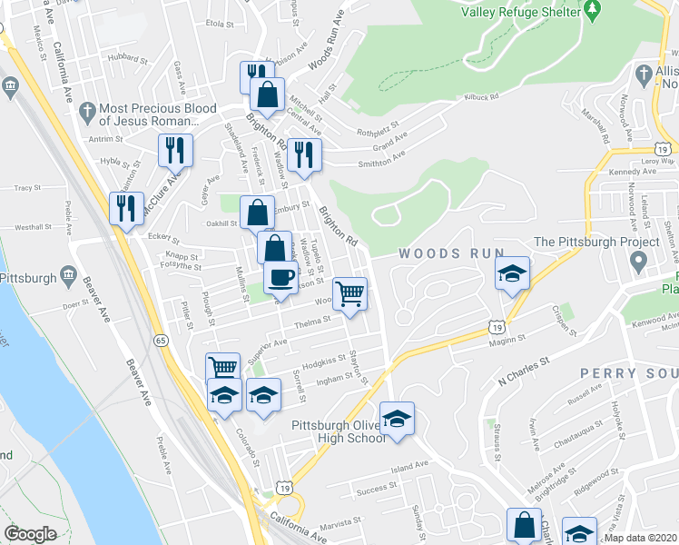 map of restaurants, bars, coffee shops, grocery stores, and more near in Pittsburgh