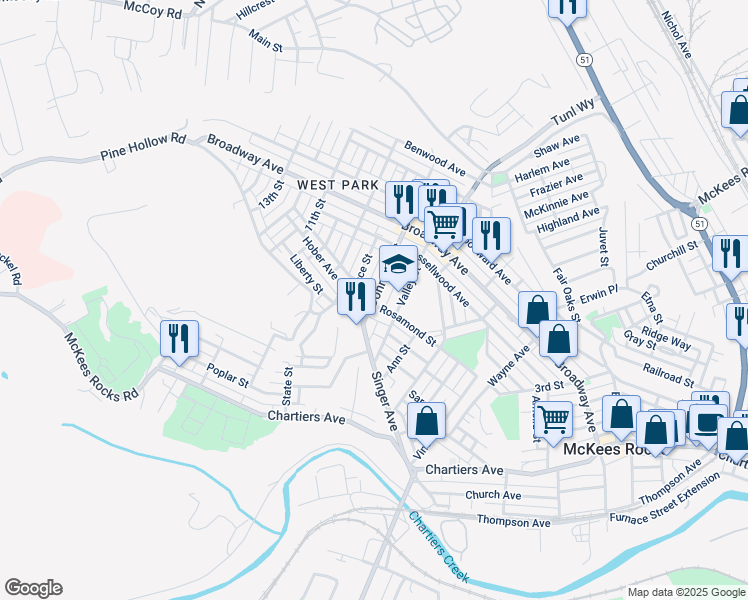map of restaurants, bars, coffee shops, grocery stores, and more near 1163 Dohrman Street in McKees Rocks