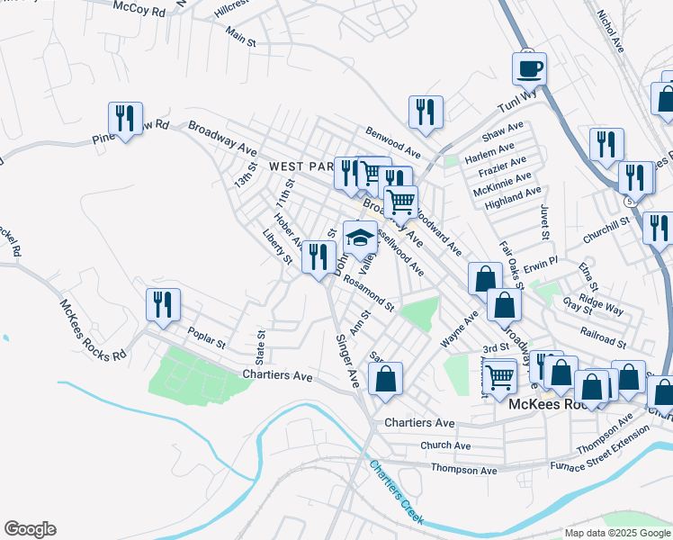 map of restaurants, bars, coffee shops, grocery stores, and more near 1163 Dohrman Street in McKees Rocks