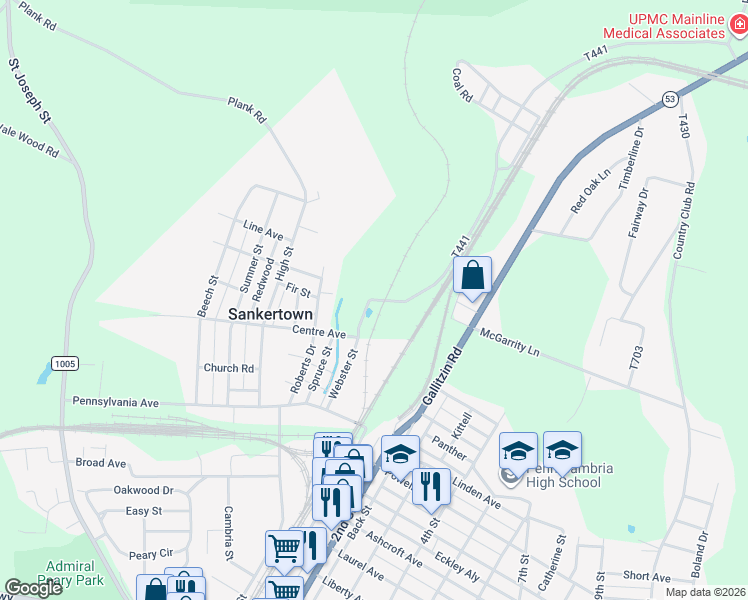 map of restaurants, bars, coffee shops, grocery stores, and more near 498 Cresson Shaft Rd in Cresson