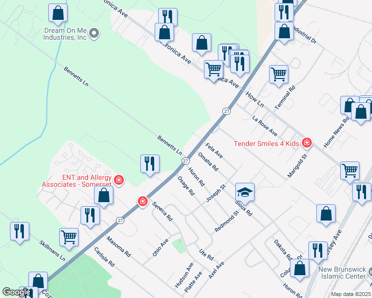map of restaurants, bars, coffee shops, grocery stores, and more near 1373 New Jersey 27 in Franklin Township