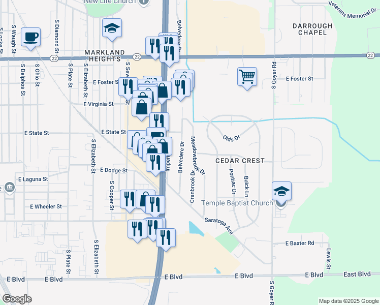 map of restaurants, bars, coffee shops, grocery stores, and more near 1416 Belvedere Drive in Kokomo