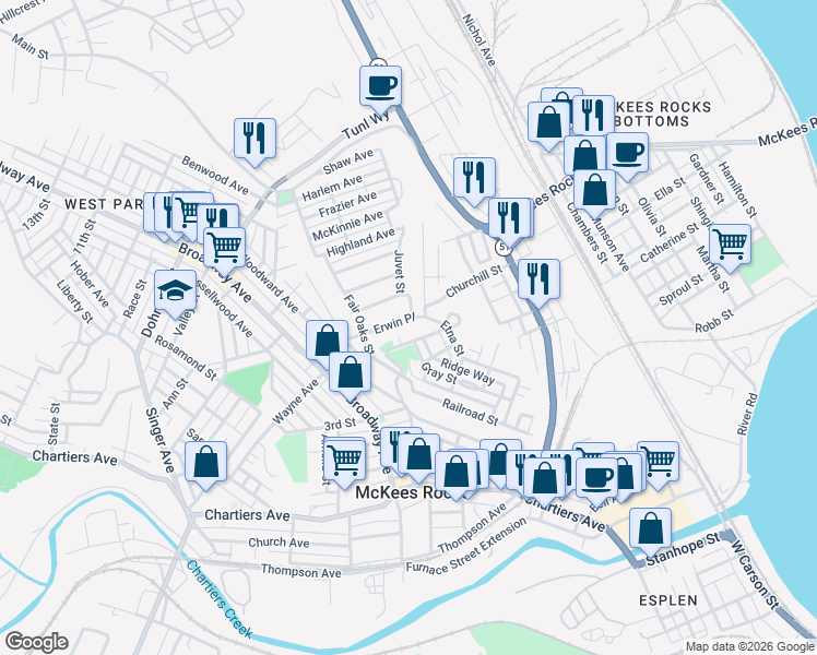 map of restaurants, bars, coffee shops, grocery stores, and more near 918 Gray Street in McKees Rocks