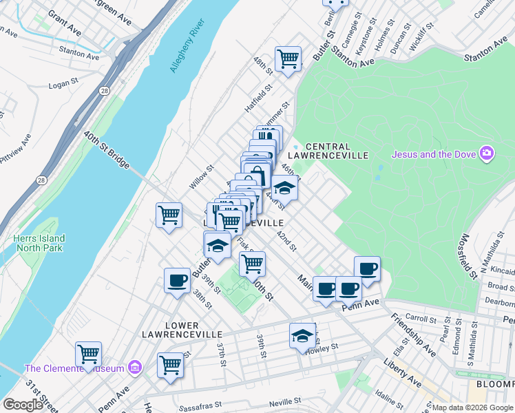 map of restaurants, bars, coffee shops, grocery stores, and more near in Pittsburgh