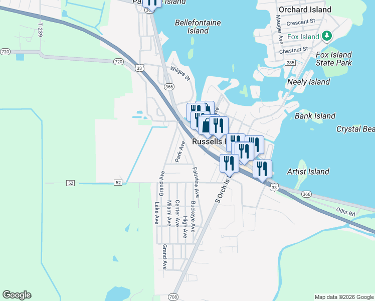 map of restaurants, bars, coffee shops, grocery stores, and more near 246 Fairview Avenue in Russells Point