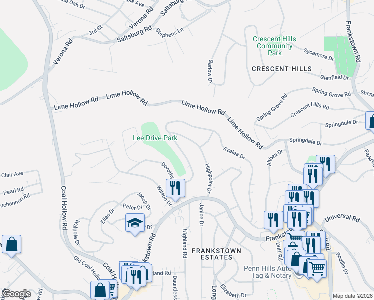 map of restaurants, bars, coffee shops, grocery stores, and more near 210 Dorothy Drive in Pittsburgh