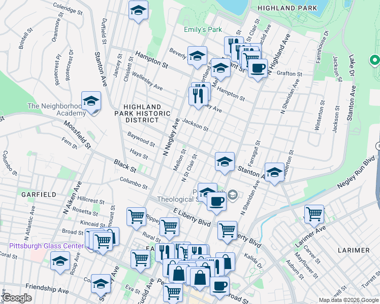 map of restaurants, bars, coffee shops, grocery stores, and more near 739 North Saint Clair Street in Pittsburgh