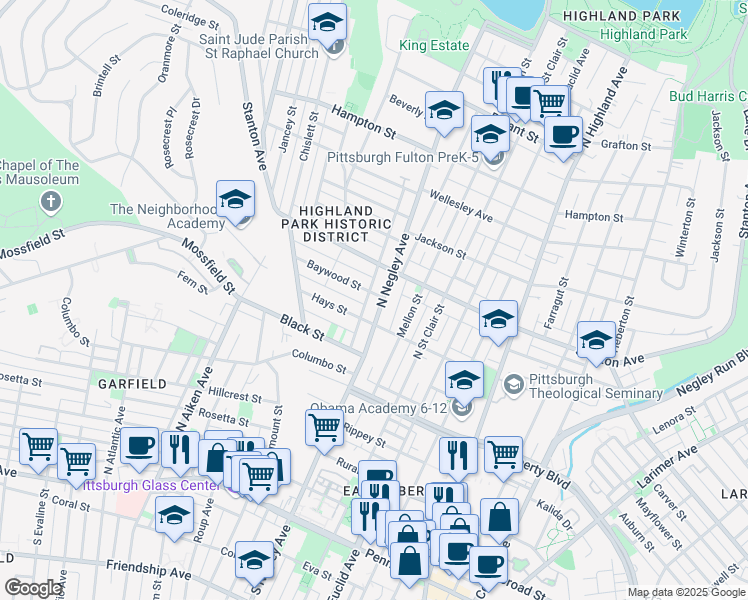 map of restaurants, bars, coffee shops, grocery stores, and more near 701 North Negley Avenue in Pittsburgh