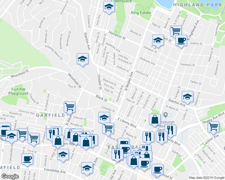 map of restaurants, bars, coffee shops, grocery stores, and more near 5524 Hays Street in Pittsburgh