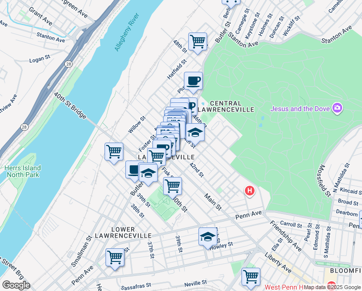 map of restaurants, bars, coffee shops, grocery stores, and more near 238 43rd Street in Pittsburgh