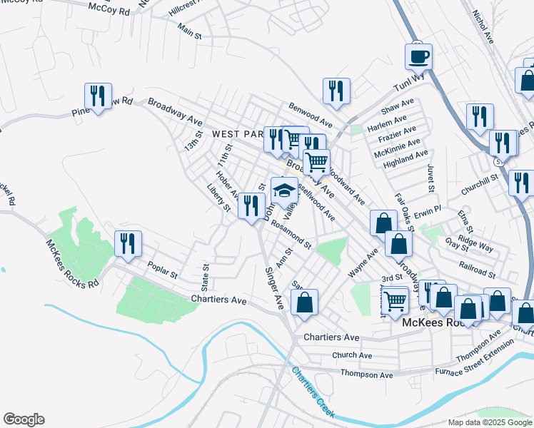 map of restaurants, bars, coffee shops, grocery stores, and more near 1163 Dohrman Street in McKees Rocks