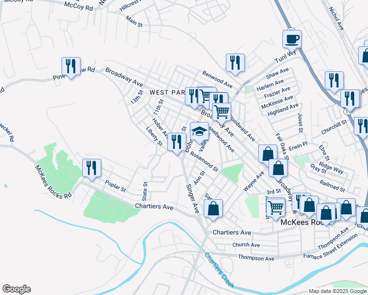 map of restaurants, bars, coffee shops, grocery stores, and more near 1163 Dohrman Street in McKees Rocks