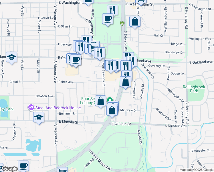 map of restaurants, bars, coffee shops, grocery stores, and more near 812 Four Seasons Road in Bloomington