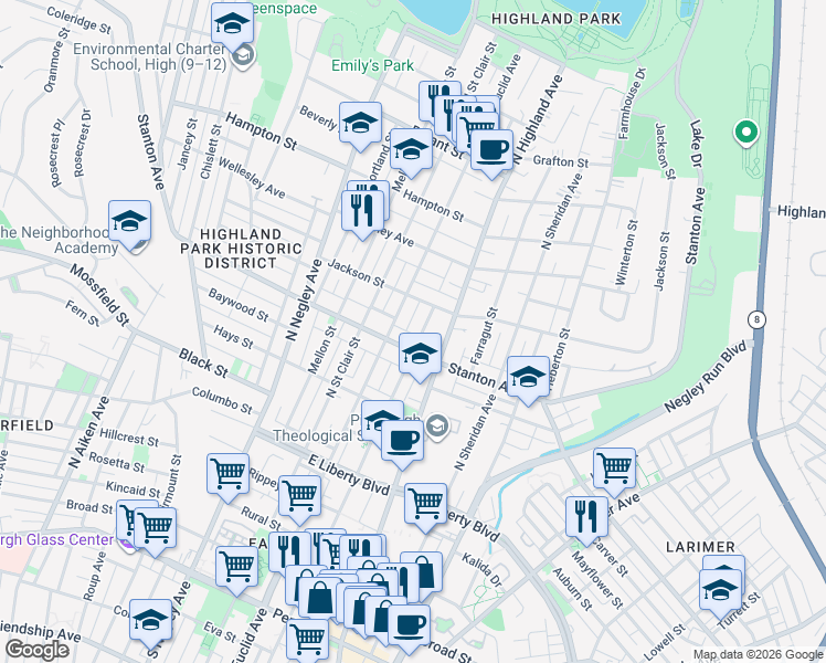 map of restaurants, bars, coffee shops, grocery stores, and more near 5907 Stanton Avenue in Pittsburgh