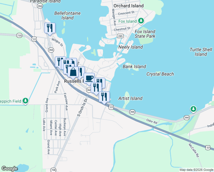 map of restaurants, bars, coffee shops, grocery stores, and more near Fun Drive in Russells Point