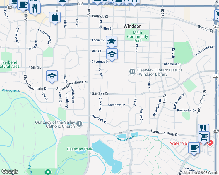 map of restaurants, bars, coffee shops, grocery stores, and more near 913 Mesa Court in Windsor