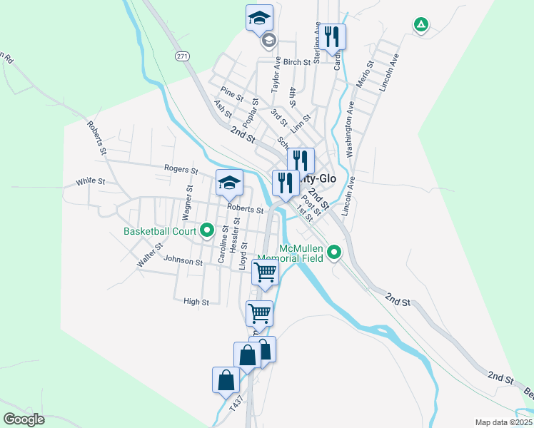 map of restaurants, bars, coffee shops, grocery stores, and more near 901 Roberts Street in Nanty-Glo