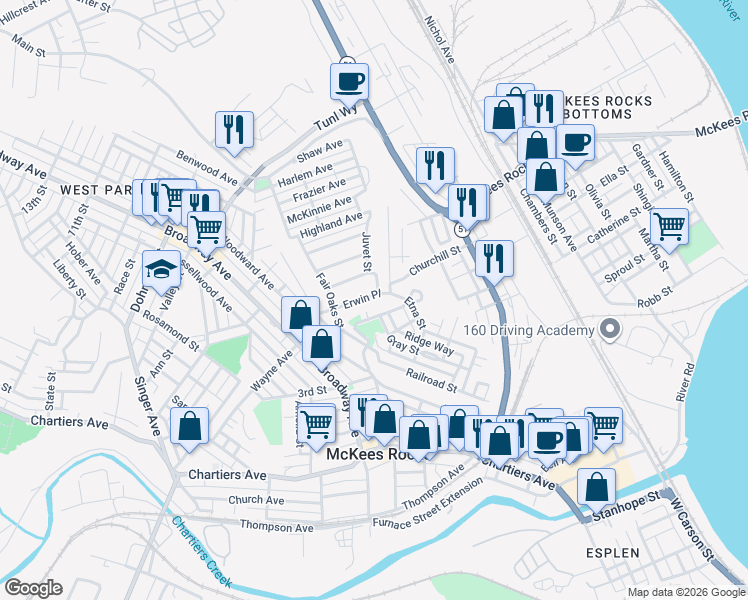 map of restaurants, bars, coffee shops, grocery stores, and more near 918 Gray Street in McKees Rocks