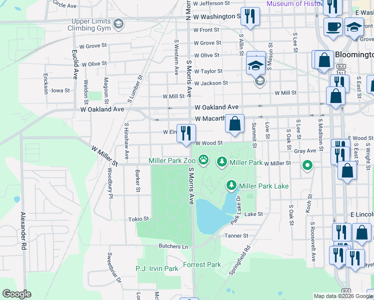 map of restaurants, bars, coffee shops, grocery stores, and more near 1003 South Morris Avenue in Bloomington