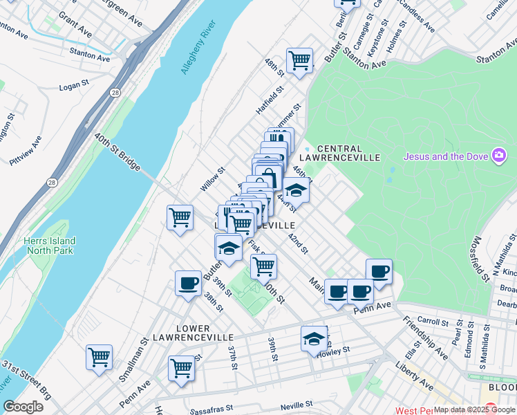 map of restaurants, bars, coffee shops, grocery stores, and more near 4211 Butler Street in Pittsburgh