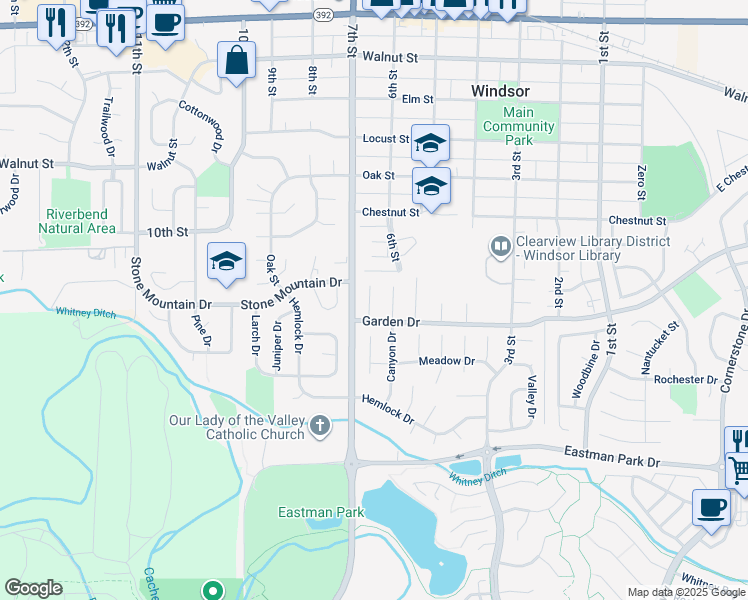 map of restaurants, bars, coffee shops, grocery stores, and more near 909 Foothills Court in Windsor